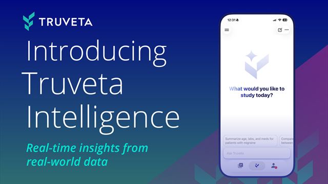 Truveta Intelligence announcement graphic showing the product on a phone asking what you would like to study today